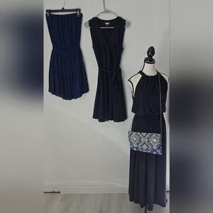 4 Piece Blue Bundle. Sleeveless, Maxi, And DKNY Belted Dress. Incl. Beaded Bag.